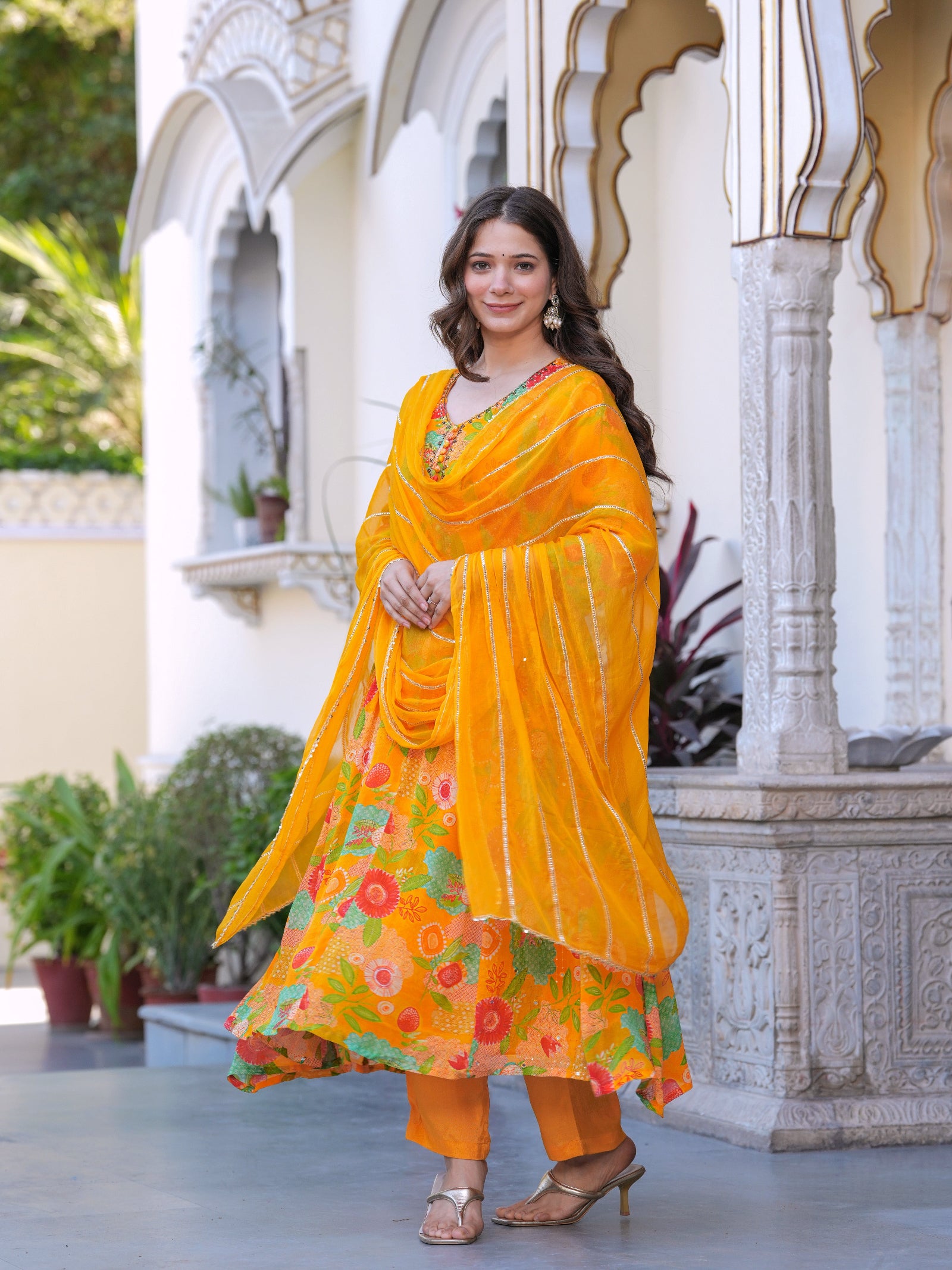 Maluka Women Orange Chinon Digital Printed Emb. Kurta Pant With Dupatta Set