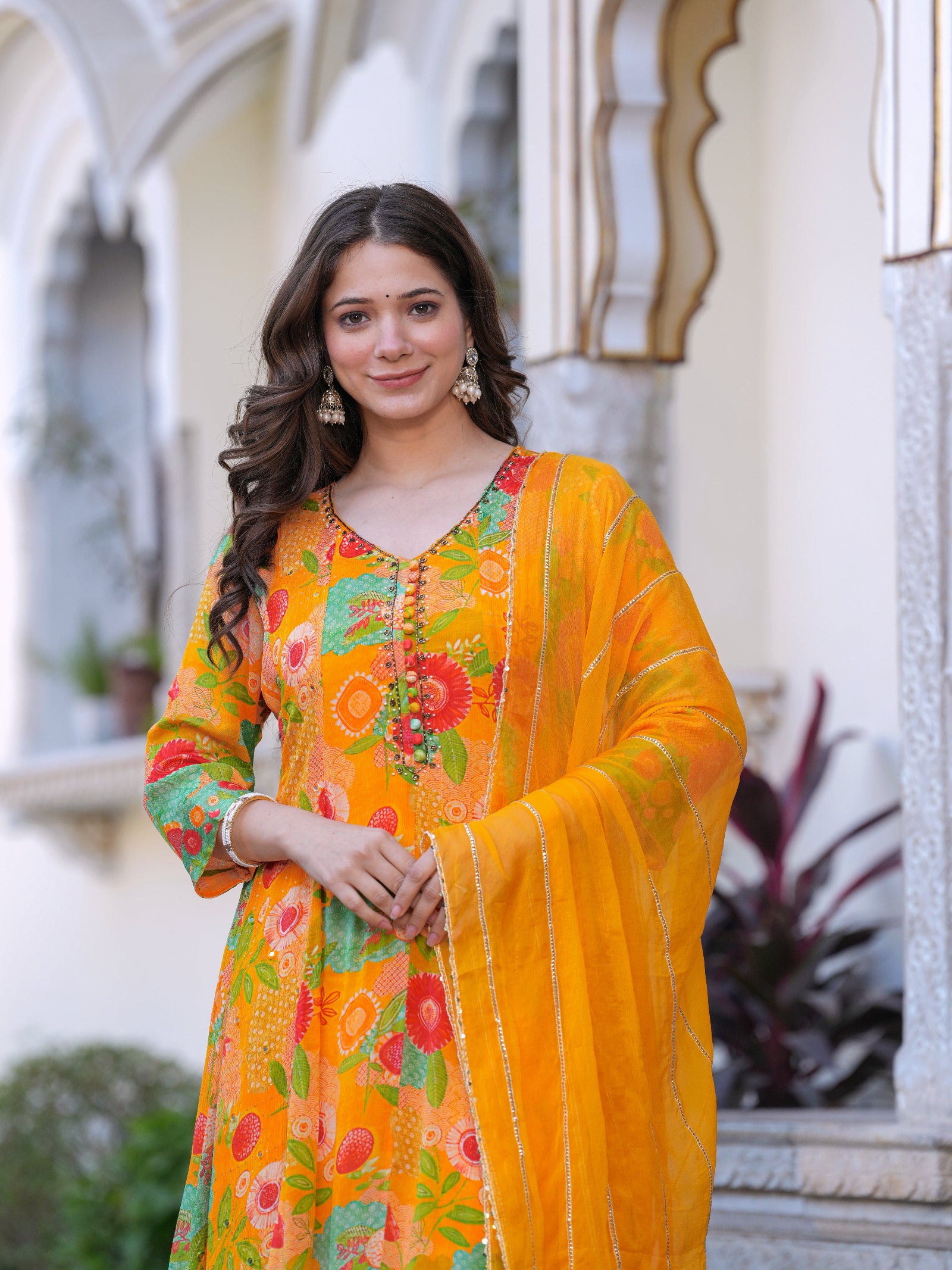 Maluka Women Orange Chinon Digital Printed Emb. Kurta Pant With Dupatta Set