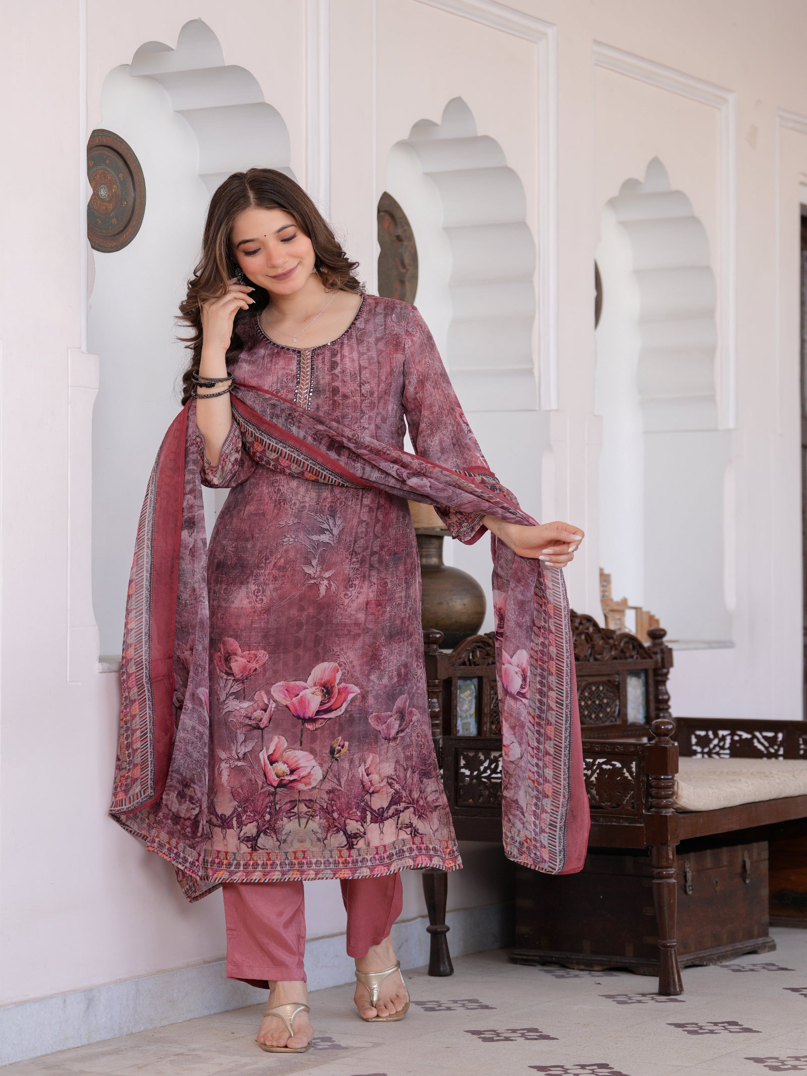 Maluka Women Maroon Viscose Crape Digital Print Kurta Pant Dupatta Set