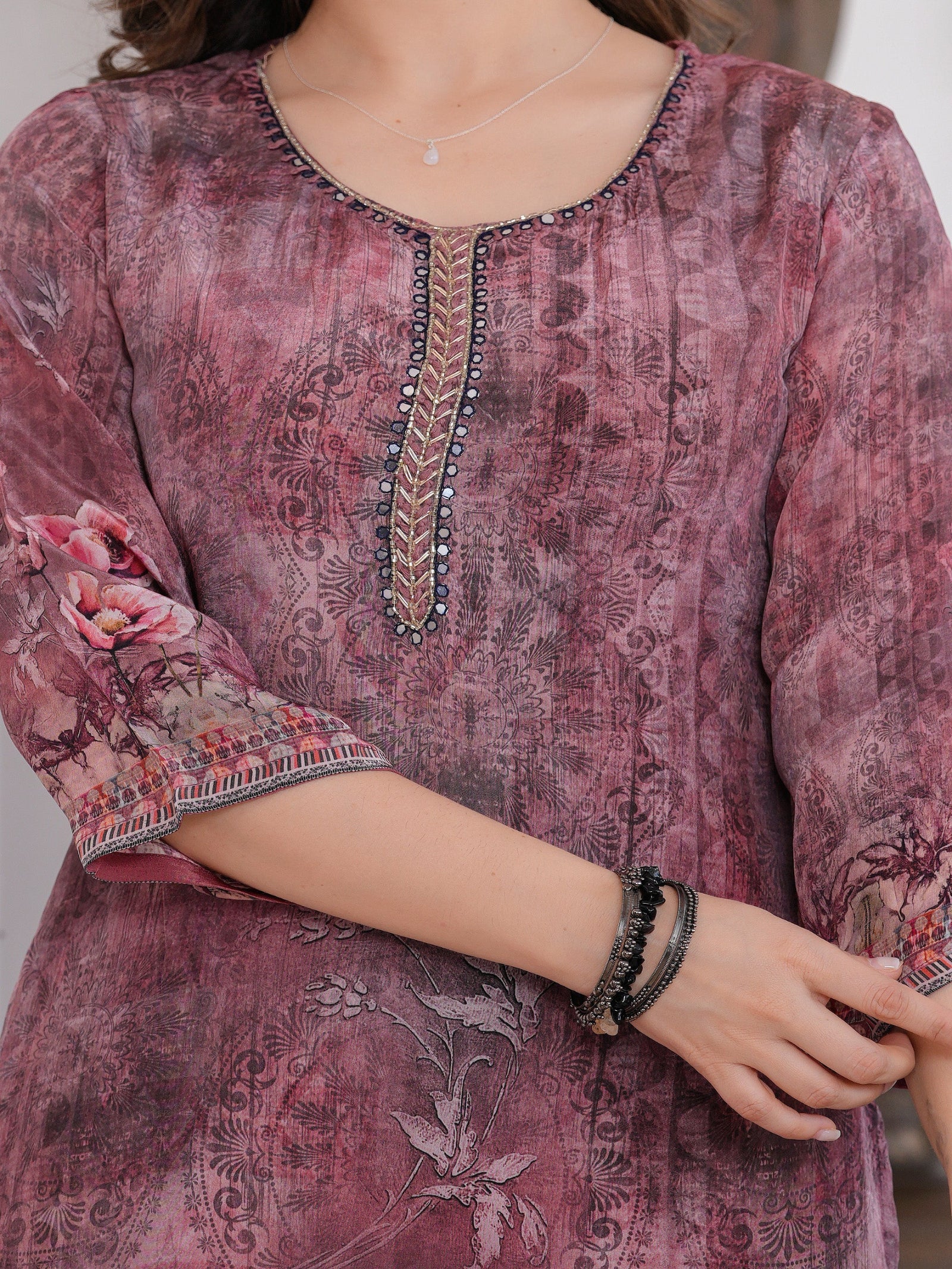 Maluka Women Maroon Viscose Crape Digital Print Kurta Pant Dupatta Set