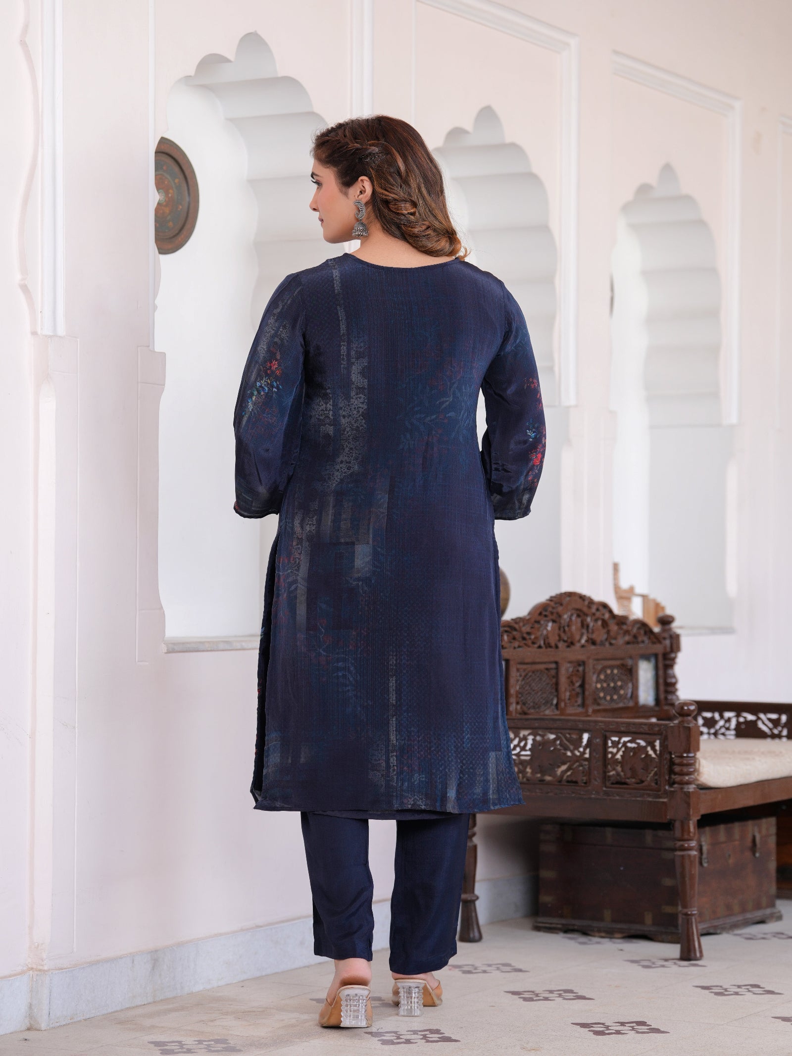 Maluka Women Dark Blue Viscose Crape Digital Print Kurta Pant Dupatta Set