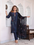 Maluka Women Dark Blue Viscose Crape Digital Print Kurta Pant Dupatta Set