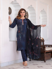 Maluka Women Dark Blue Viscose Crape Digital Print Kurta Pant Dupatta Set