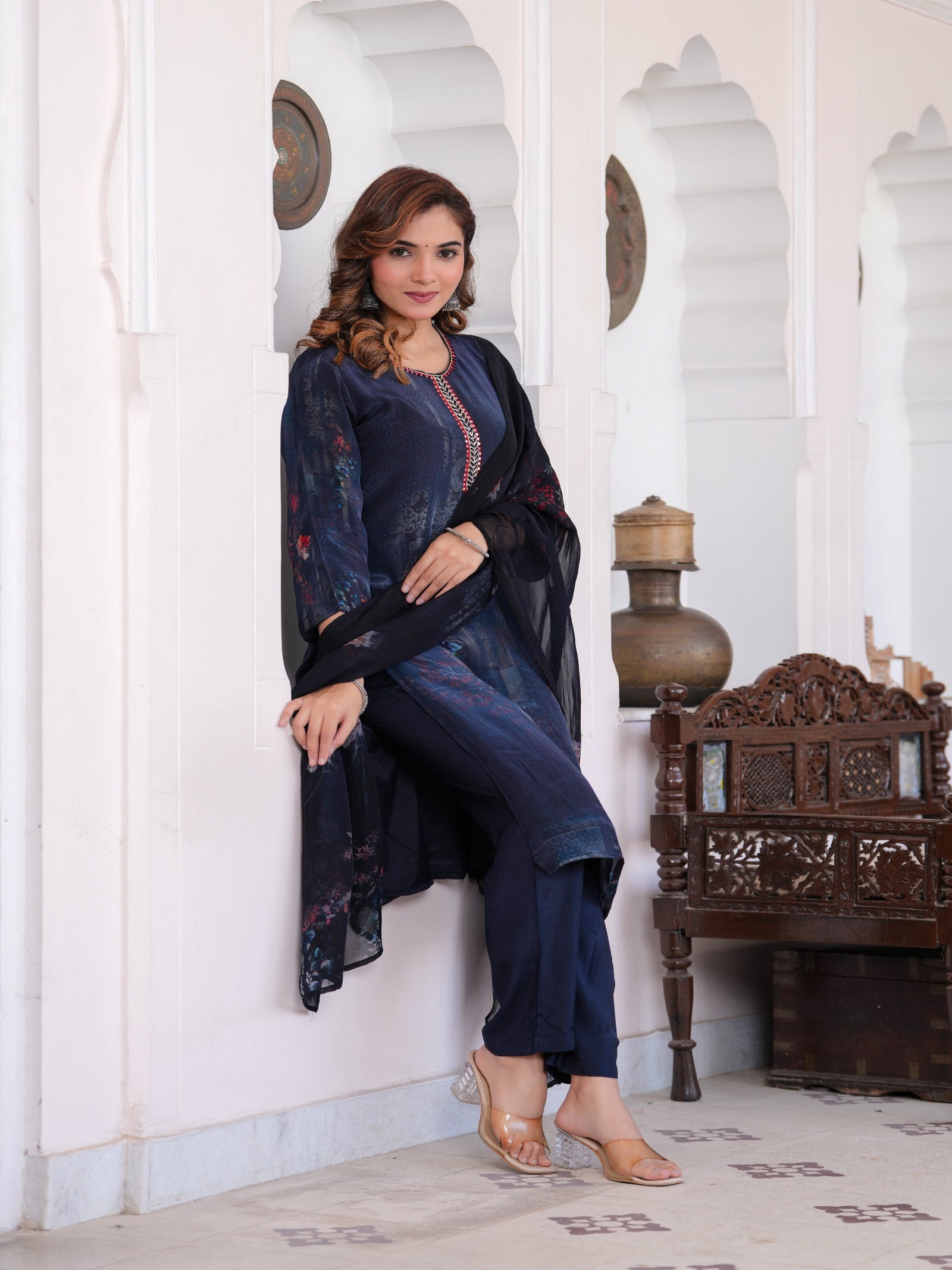 Maluka Women Dark Blue Viscose Crape Digital Print Kurta Pant Dupatta Set