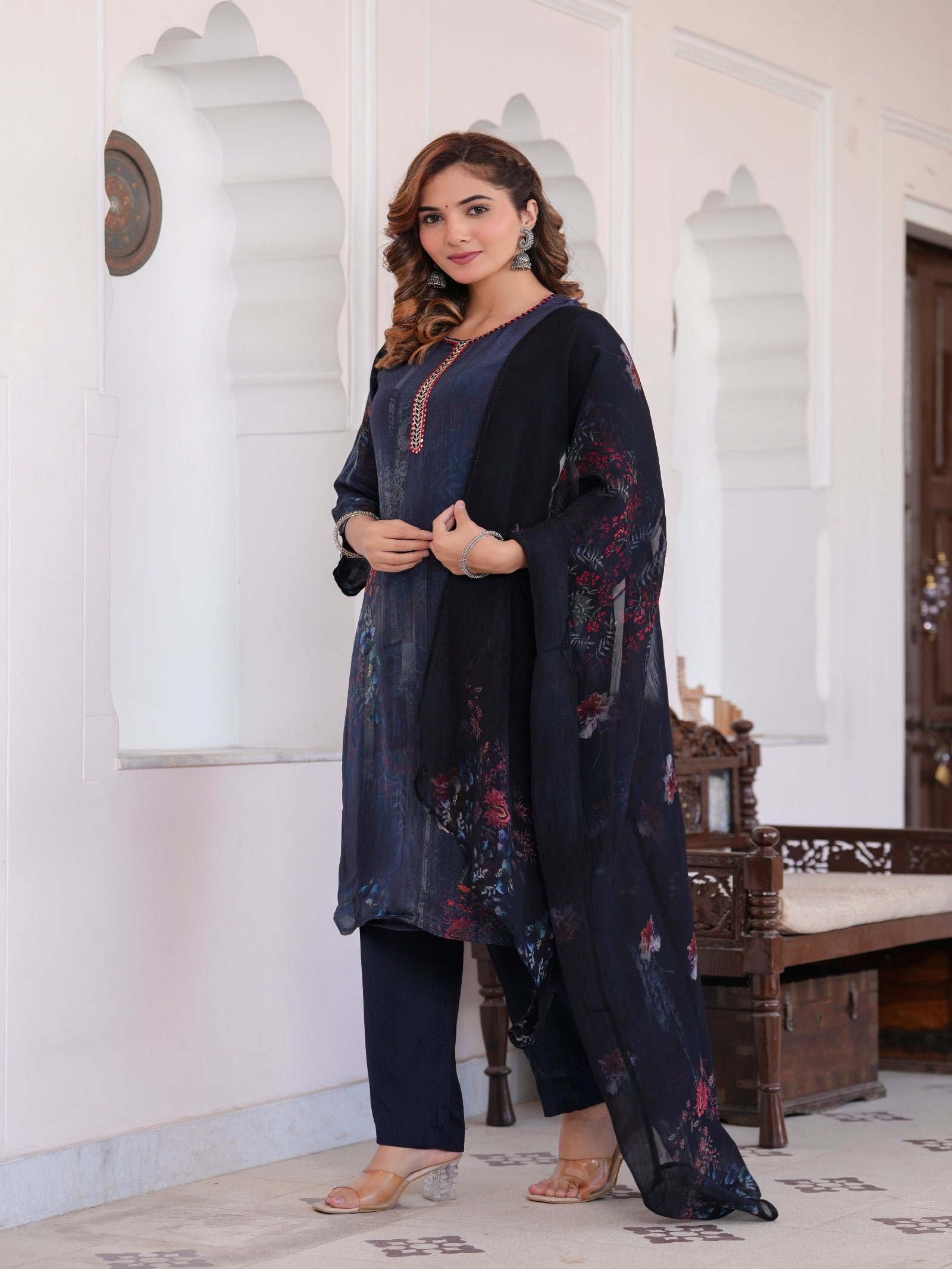 Maluka Women Dark Blue Viscose Crape Digital Print Kurta Pant Dupatta Set