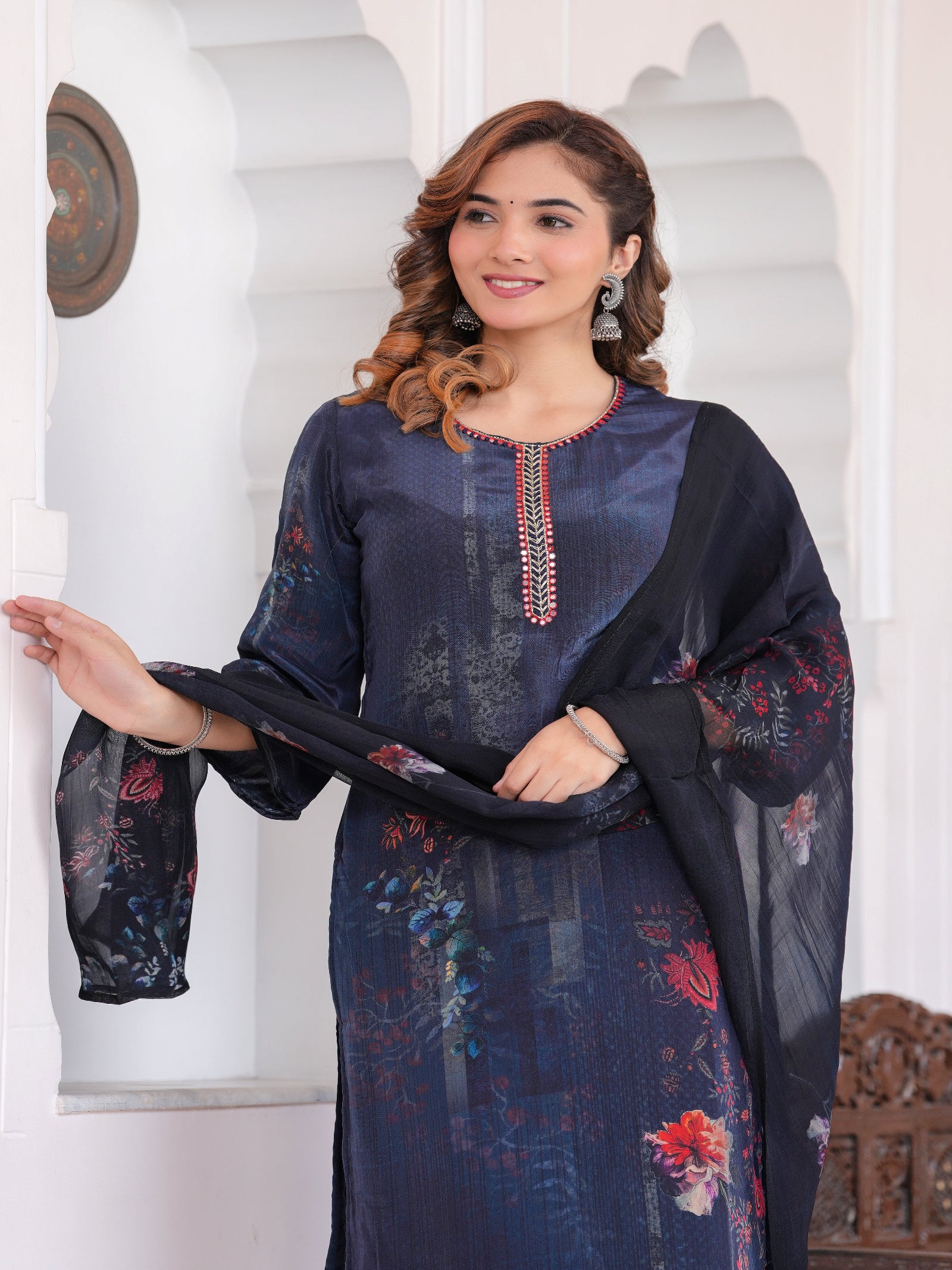 Maluka Women Dark Blue Viscose Crape Digital Print Kurta Pant Dupatta Set
