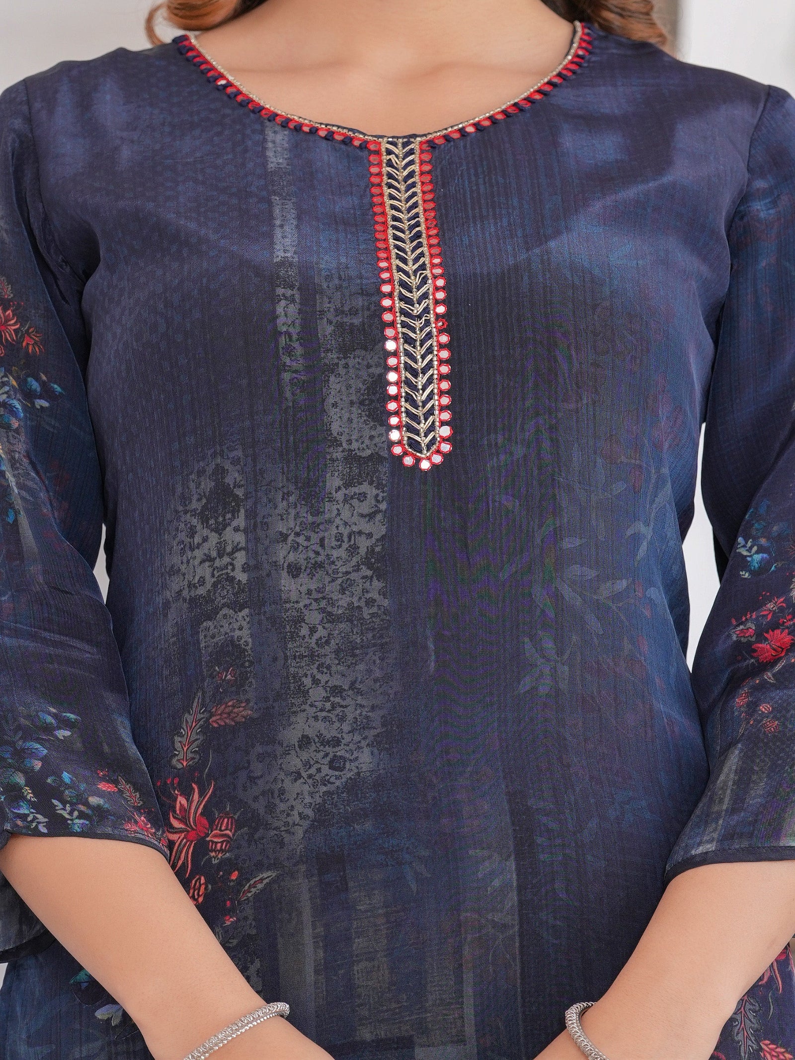 Maluka Women Dark Blue Viscose Crape Digital Print Kurta Pant Dupatta Set