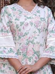 Maluka Women White Cotton Floral Print Kurta Pant