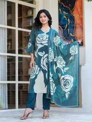 Maluka Women Teal Green Shimmer Maslin Digital Floral Printed Kurta Pant With Dupatta Set
