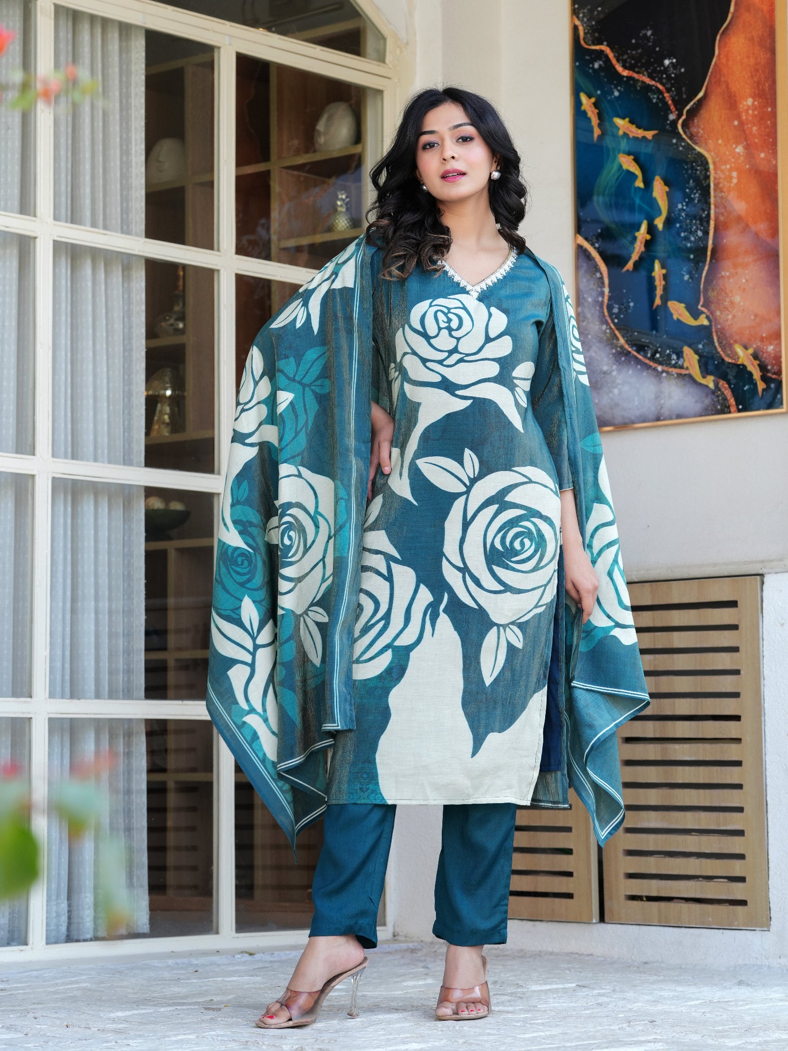 Maluka Women Teal Green Shimmer Maslin Digital Floral Printed Kurta Pant With Dupatta Set