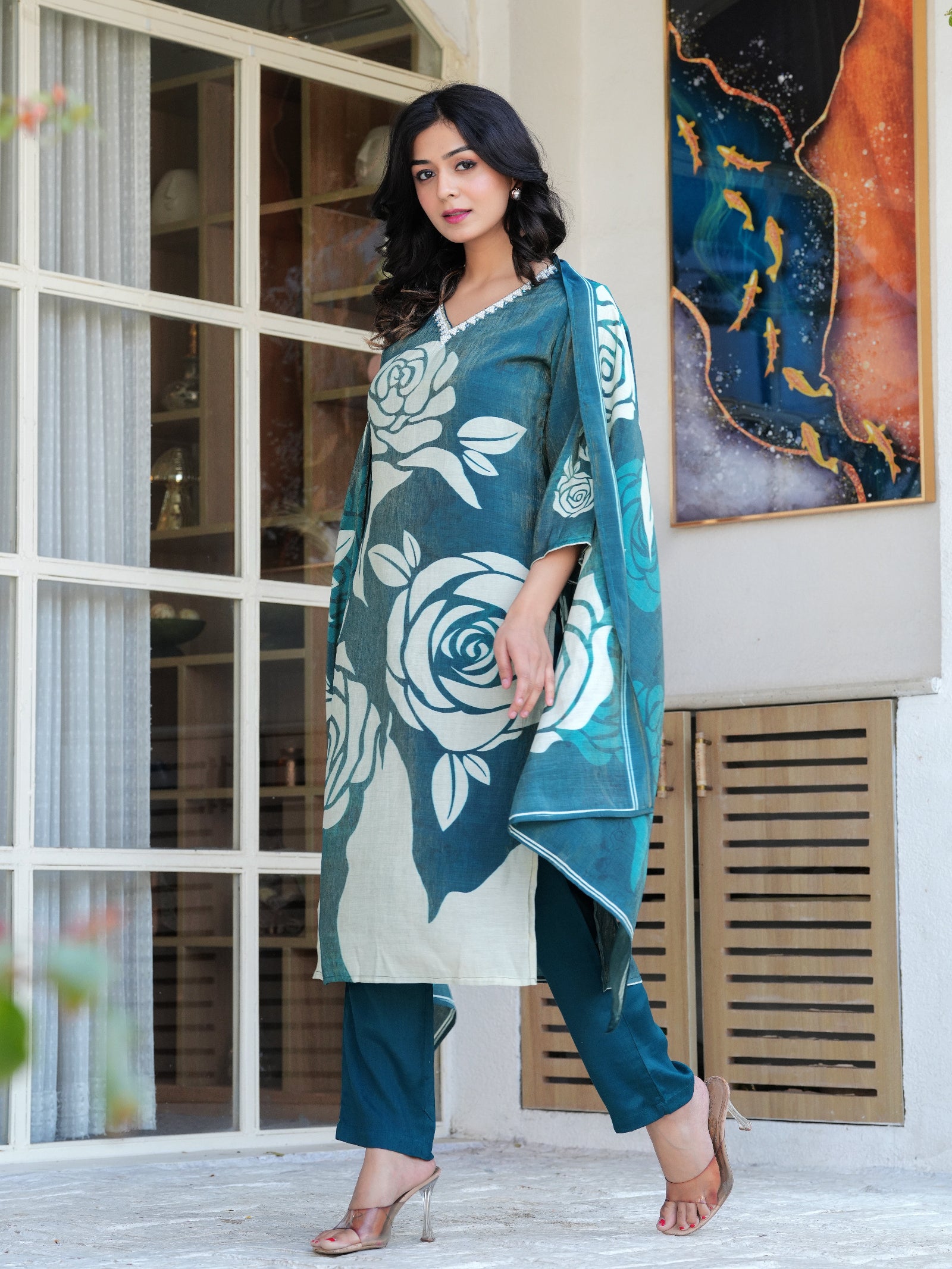 Maluka Women Teal Green Shimmer Maslin Digital Floral Printed Kurta Pant With Dupatta Set