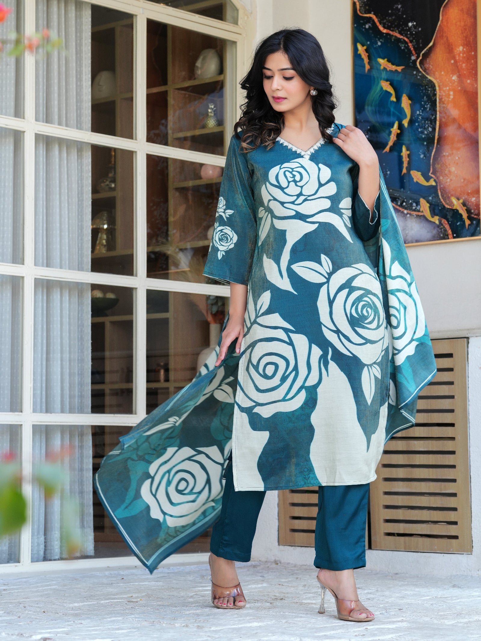 Maluka Women Teal Green Shimmer Maslin Digital Floral Printed Kurta Pant With Dupatta Set