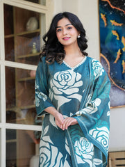 Maluka Women Teal Green Shimmer Maslin Digital Floral Printed Kurta Pant With Dupatta Set