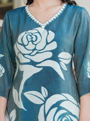 Maluka Women Teal Green Shimmer Maslin Digital Floral Printed Kurta Pant With Dupatta Set