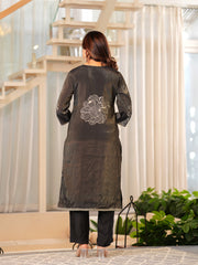 Maluka Women Brown Shimmer Maslin Digital Floral Printed Kurta Pant With Dupatta Set
