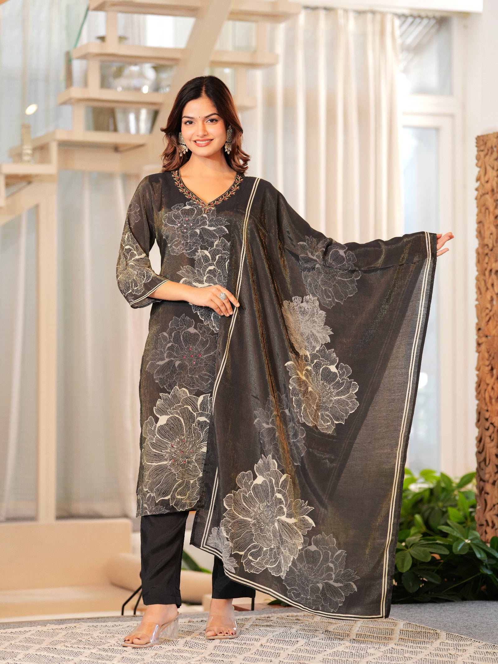 Maluka Women Brown Shimmer Maslin Digital Floral Printed Kurta Pant With Dupatta Set