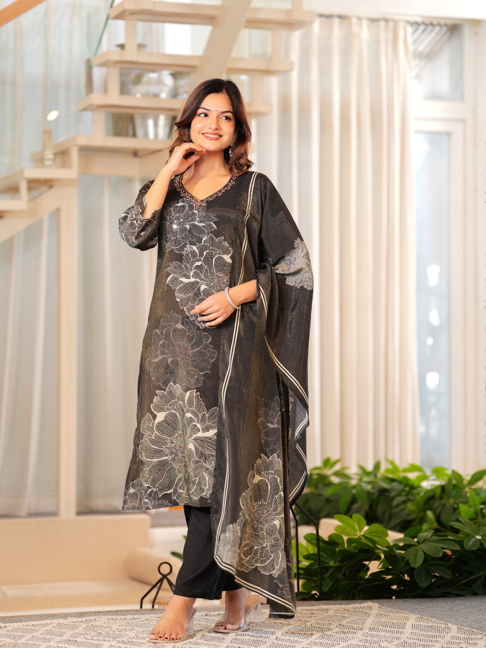 Maluka Women Brown Shimmer Maslin Digital Floral Printed Kurta Pant With Dupatta Set