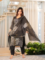 Maluka Women Brown Shimmer Maslin Digital Floral Printed Kurta Pant With Dupatta Set