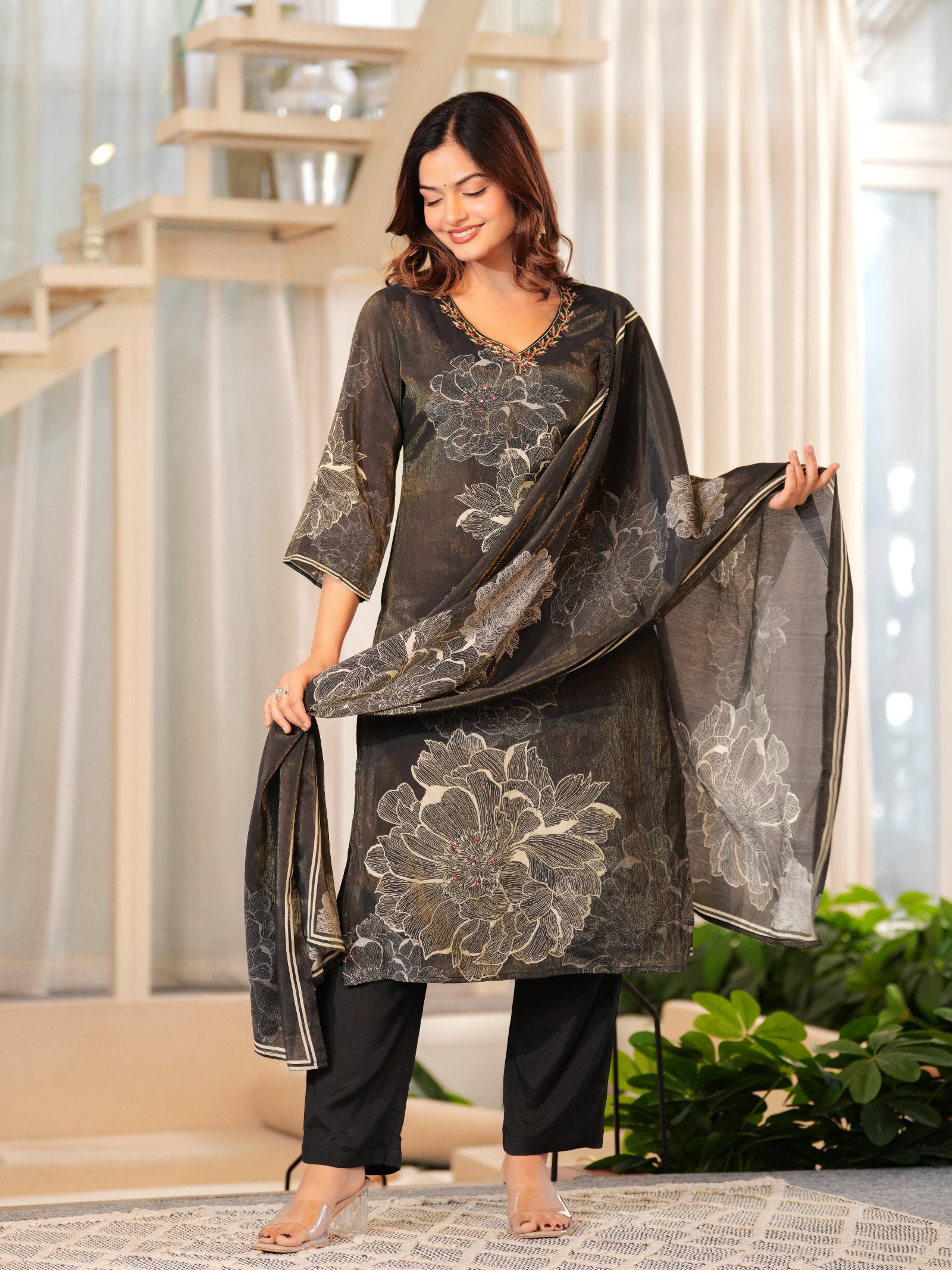Maluka Women Brown Shimmer Maslin Digital Floral Printed Kurta Pant With Dupatta Set