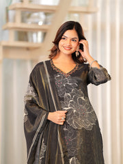 Maluka Women Brown Shimmer Maslin Digital Floral Printed Kurta Pant With Dupatta Set