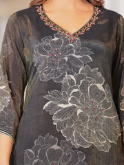 Maluka Women Brown Shimmer Maslin Digital Floral Printed Kurta Pant With Dupatta Set