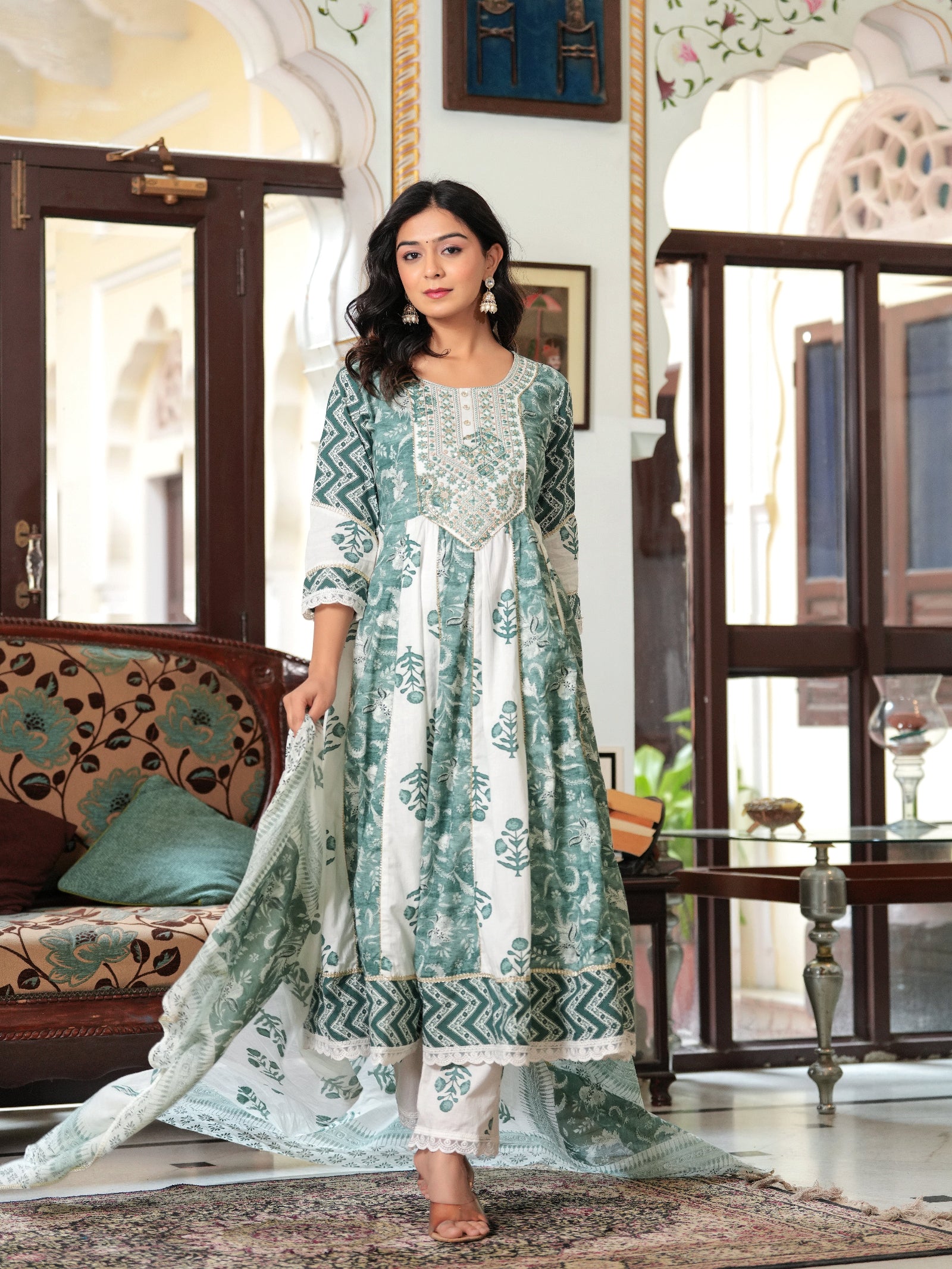 Maluka Women Teal Green Cotton Printed Kurta Pant Dupatta Set