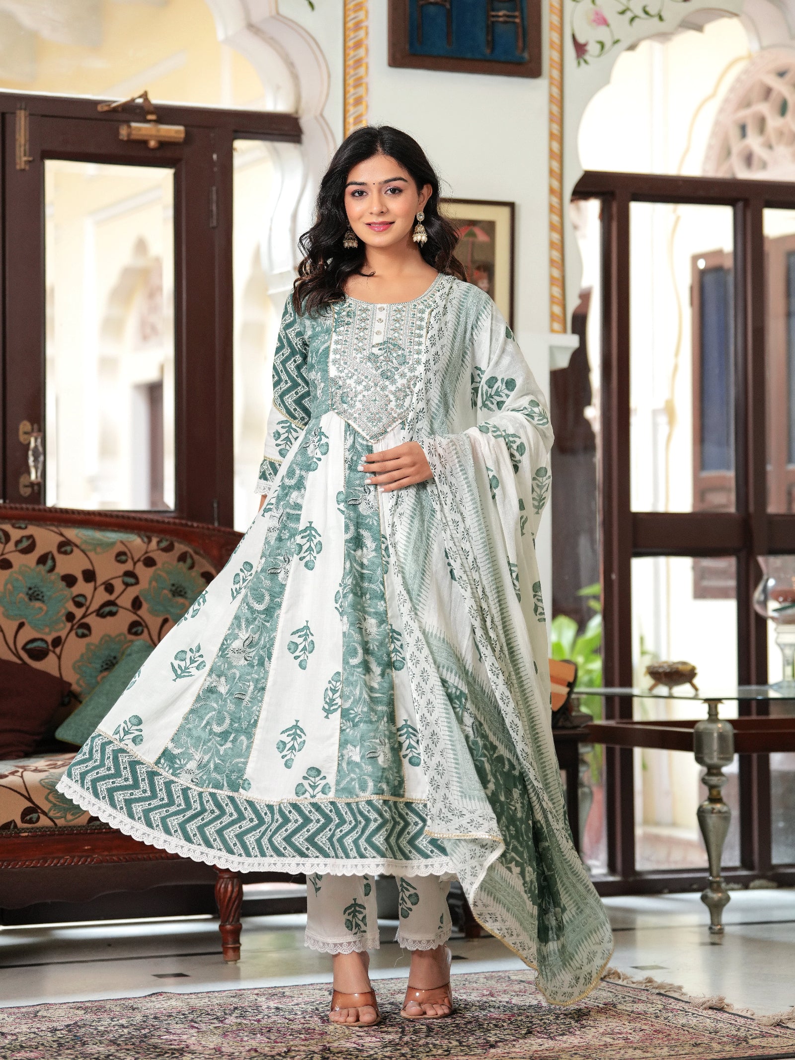 Maluka Women Teal Green Cotton Printed Kurta Pant Dupatta Set