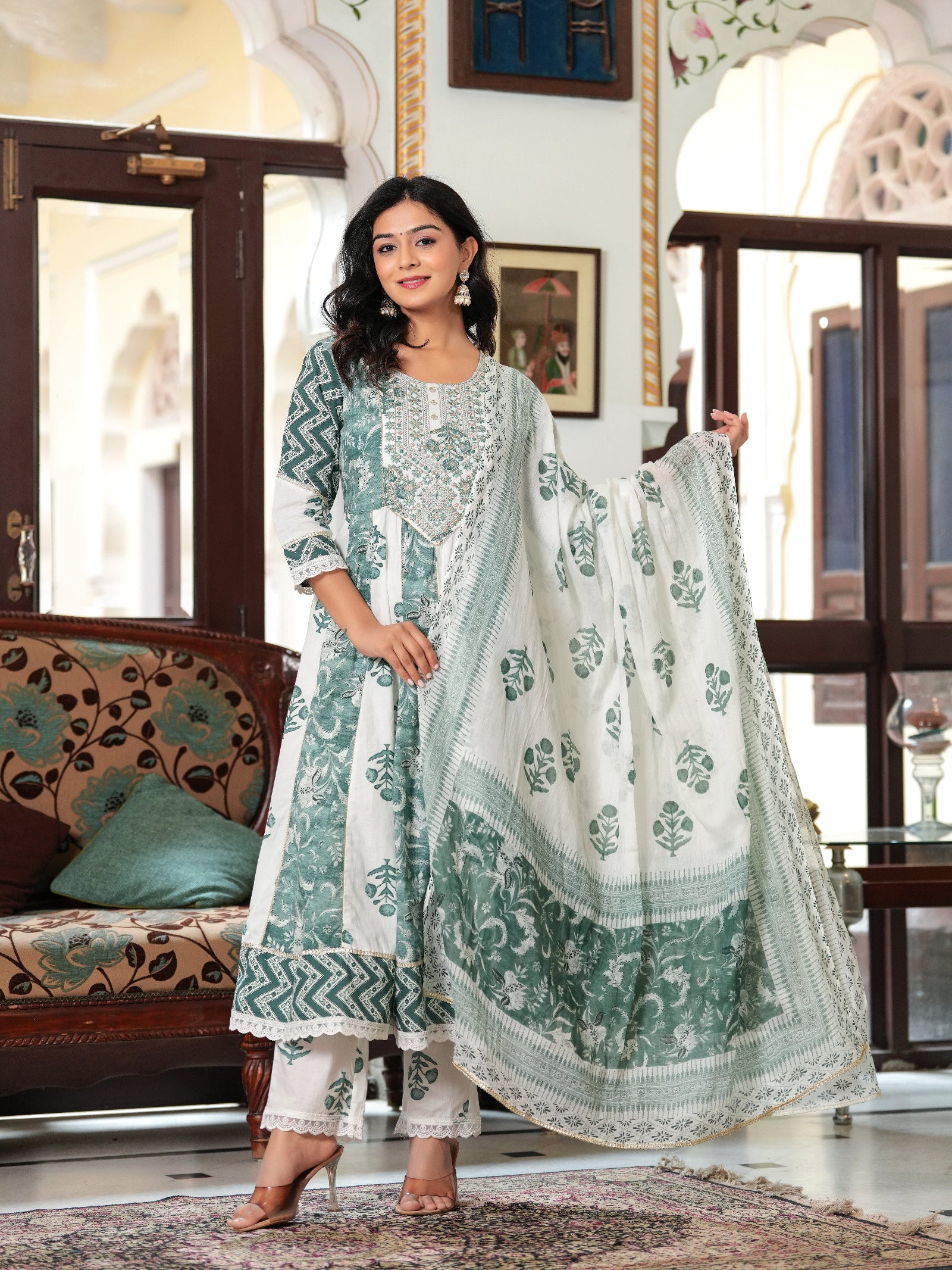 Maluka Women Teal Green Cotton Printed Kurta Pant Dupatta Set