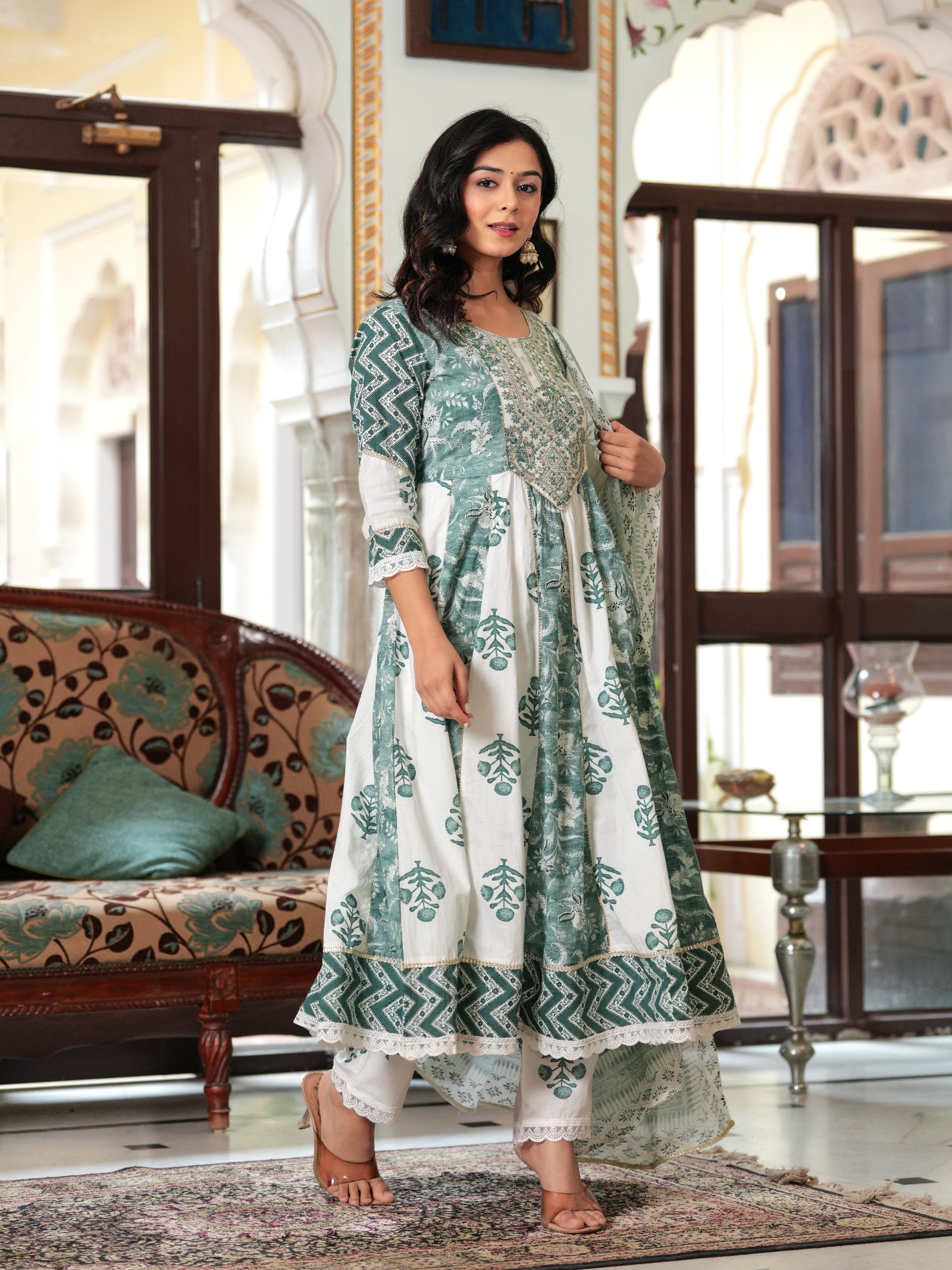 Maluka Women Teal Green Cotton Printed Kurta Pant Dupatta Set