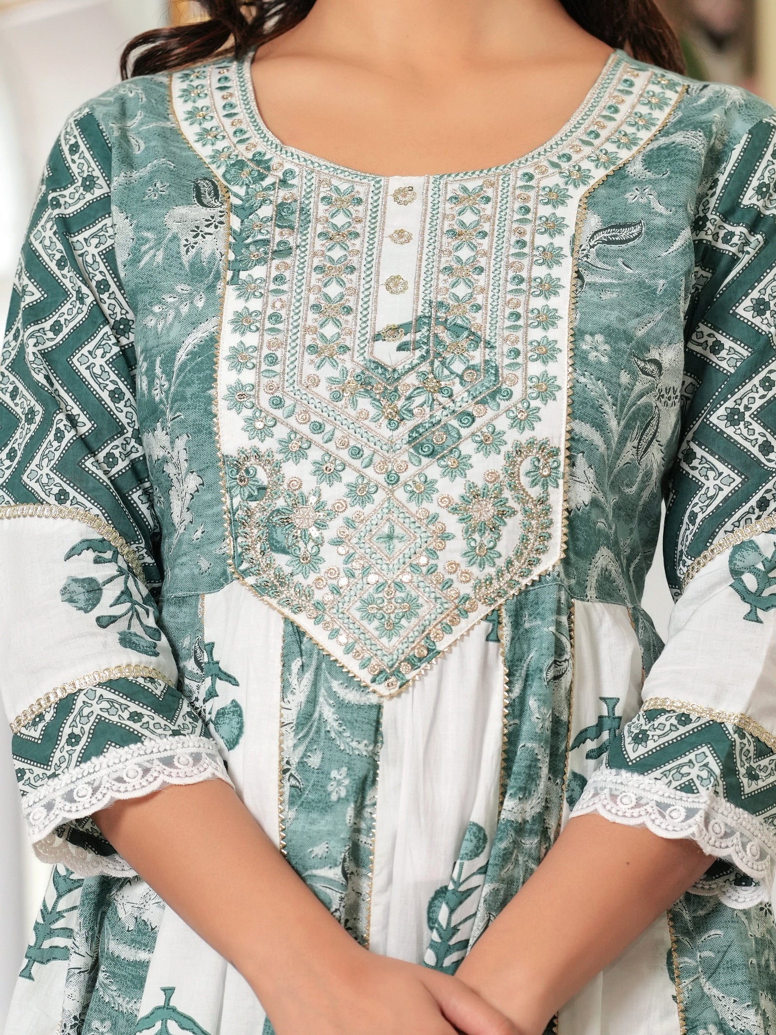 Maluka Women Teal Green Cotton Printed Kurta Pant Dupatta Set