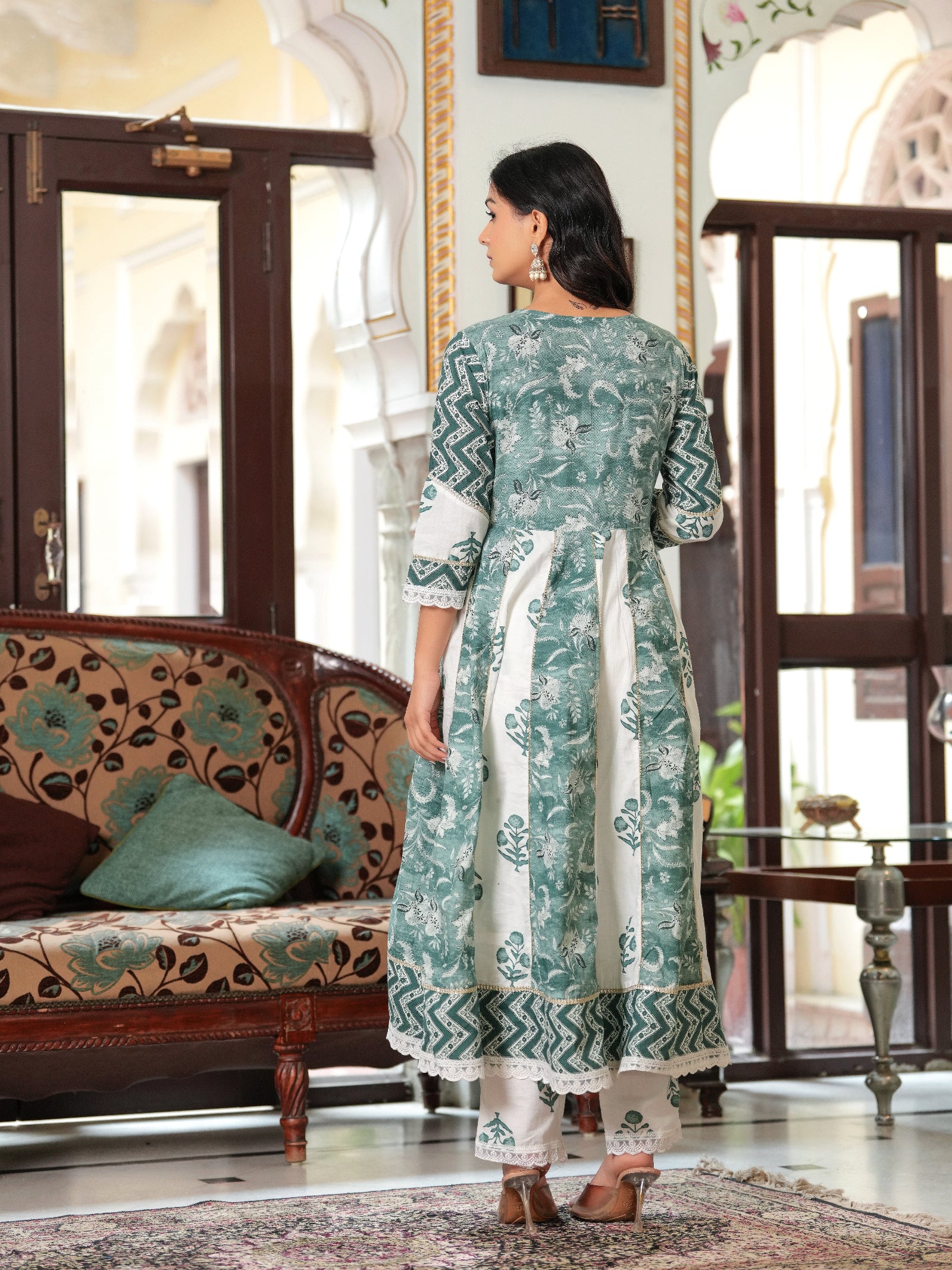 Maluka Women Teal Green Cotton Printed Kurta Pant Dupatta Set