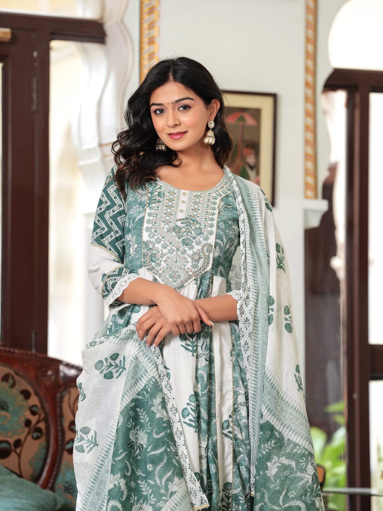 Maluka Women Teal Green Cotton Printed Kurta Pant Dupatta Set