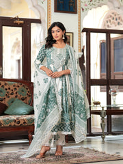 Maluka Women Teal Green Cotton Printed Kurta Pant Dupatta Set