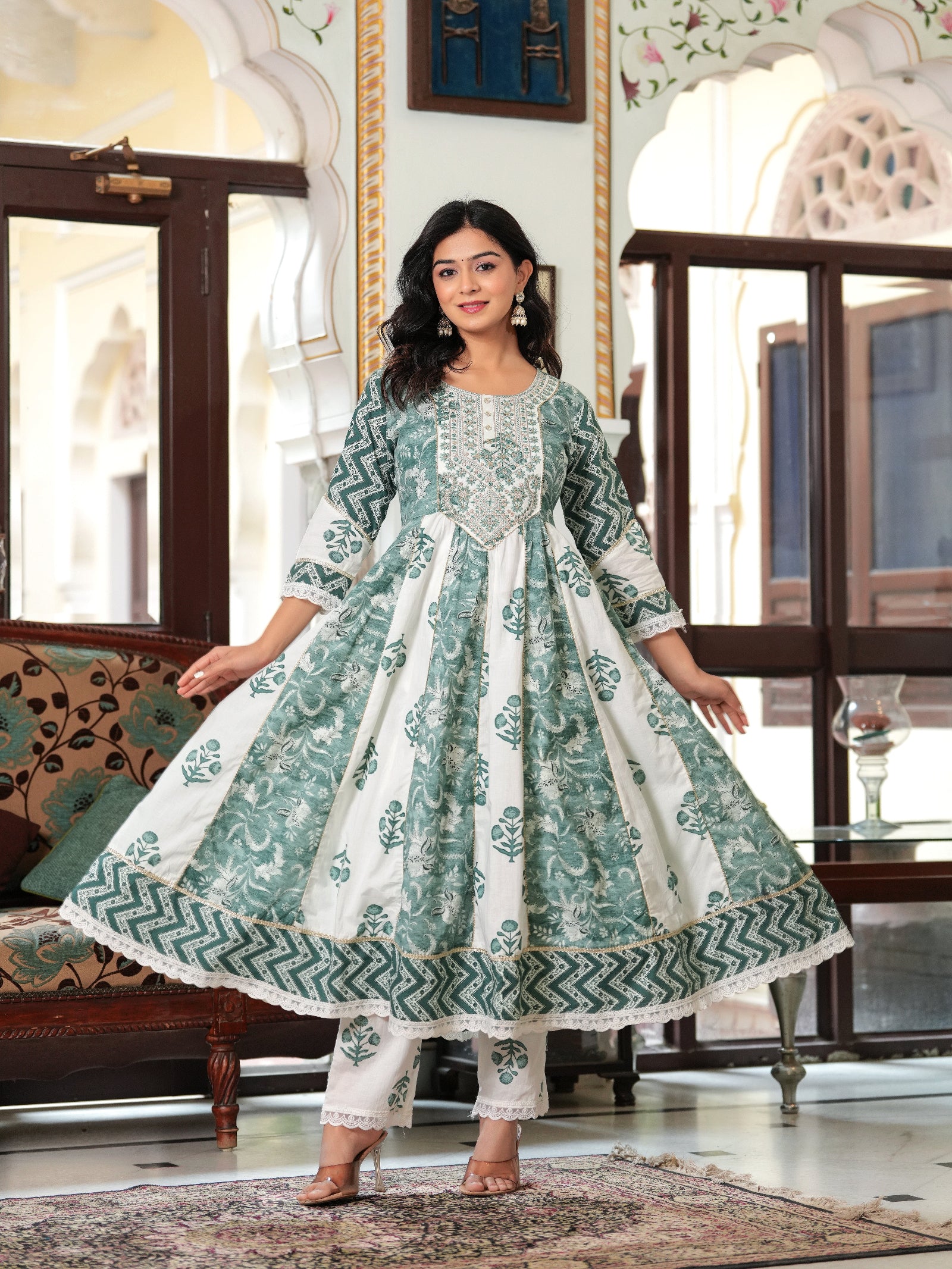 Maluka Women Teal Green Cotton Printed Kurta Pant Dupatta Set