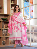 Maluka Women Pink Cotton Floral Printed Kurta Pant Dupatta Set