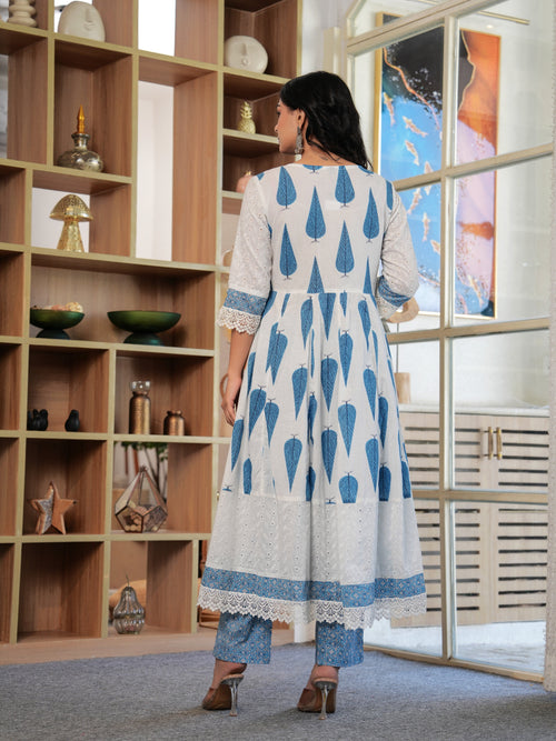 Maluka Women Blue Cotton Printed Kurta Pant Dupatta Set
