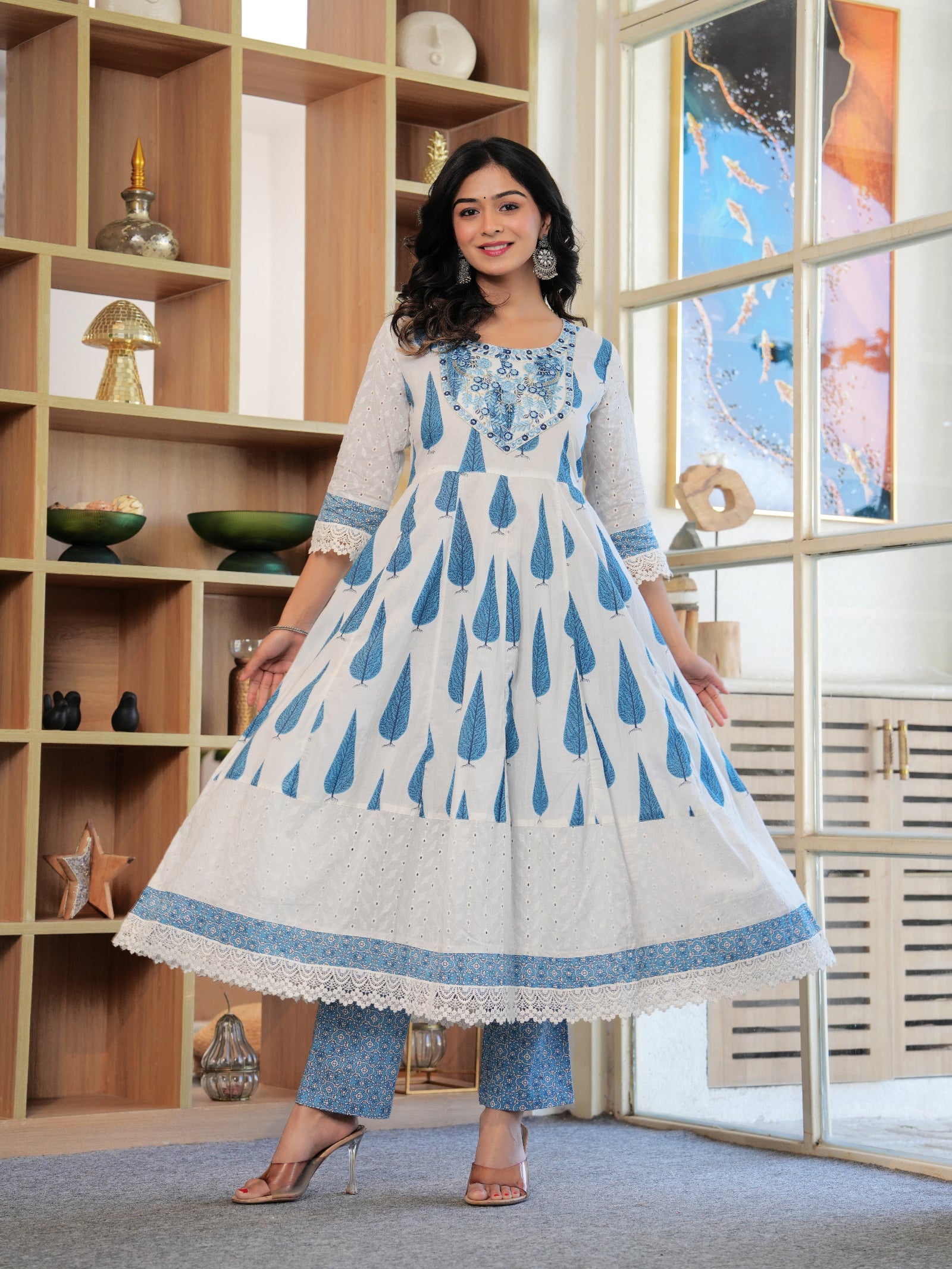 Maluka Women Blue Cotton Printed Kurta Pant Dupatta Set