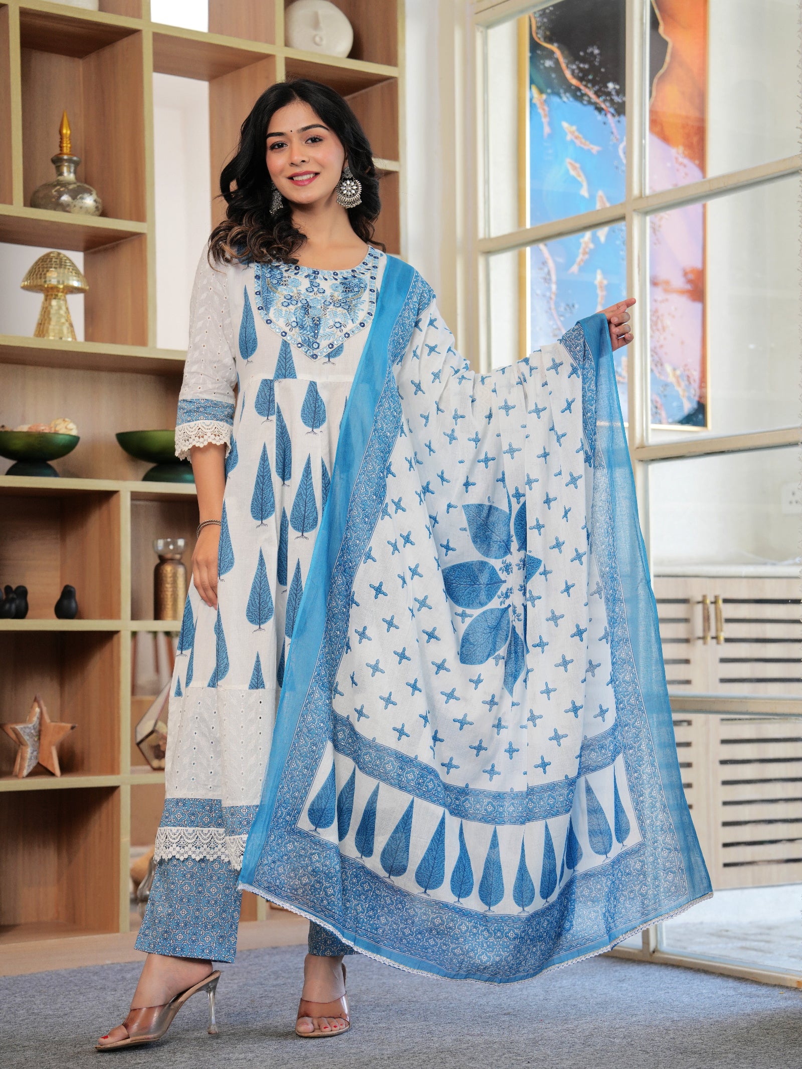 Maluka Women Blue Cotton Printed Kurta Pant Dupatta Set