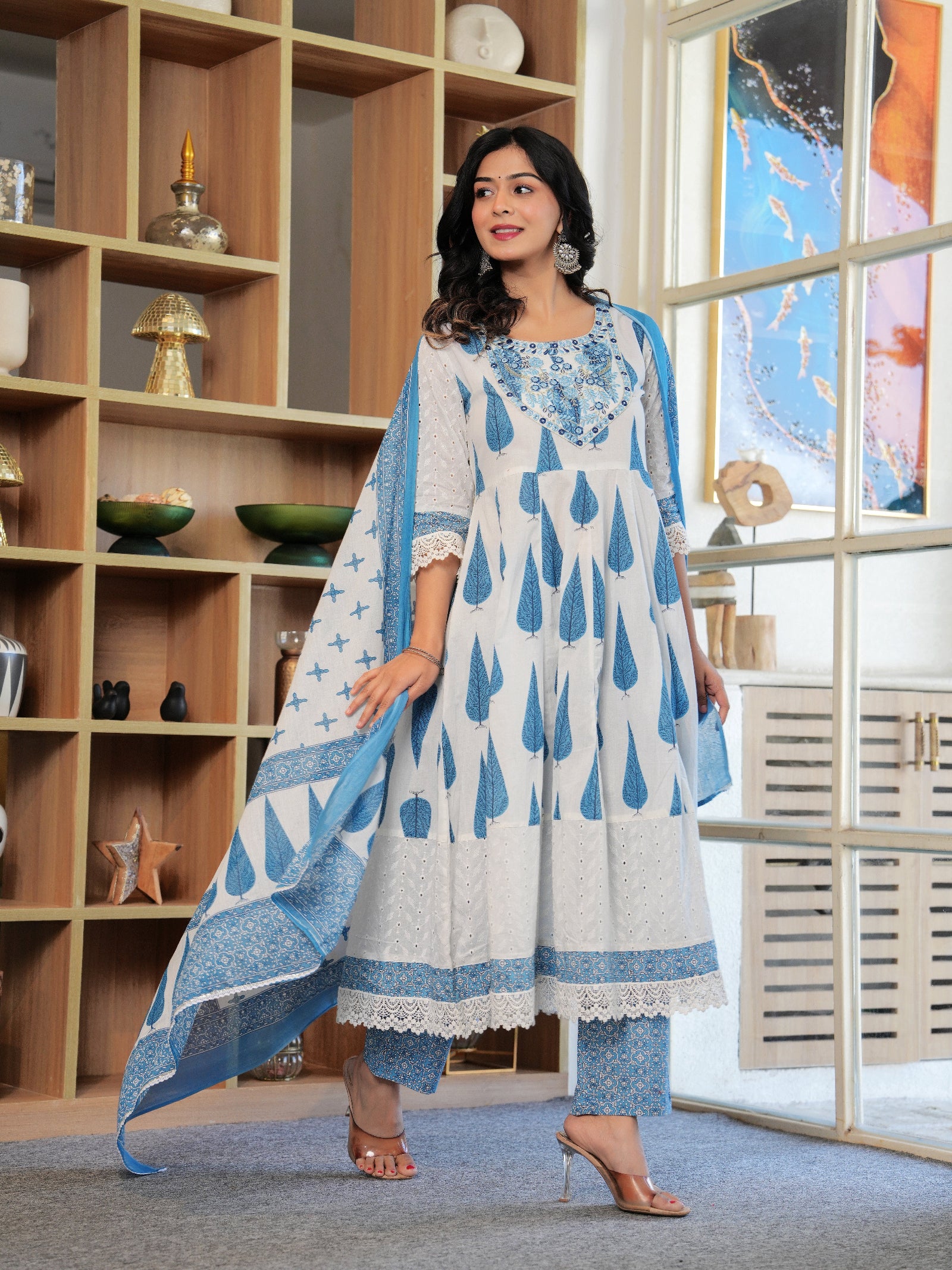 Maluka Women Blue Cotton Printed Kurta Pant Dupatta Set