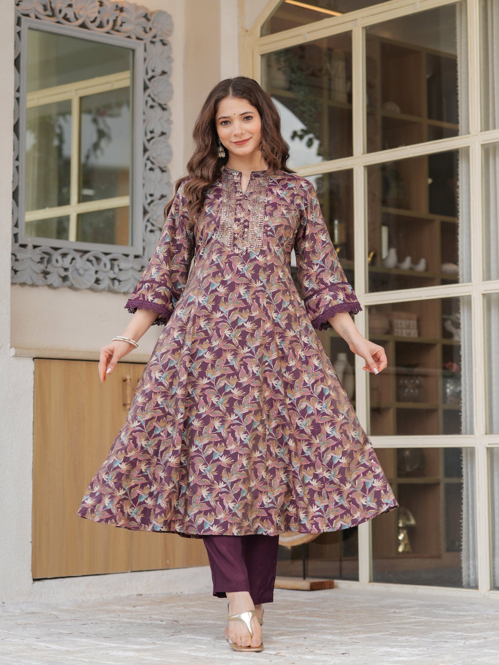 Maluka Women Wine Modal Chanderi Foil Kurta Pant Dupatta Set