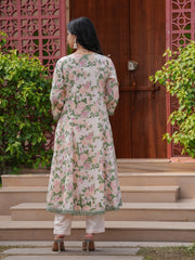 Maluka Women Teal Green Cotton Floral Printed Kurta Pant Dupatta Set