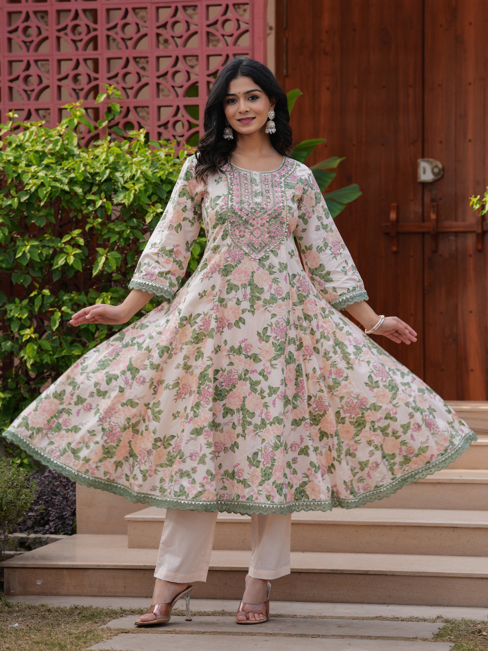 Maluka Women Teal Green Cotton Floral Printed Kurta Pant Dupatta Set