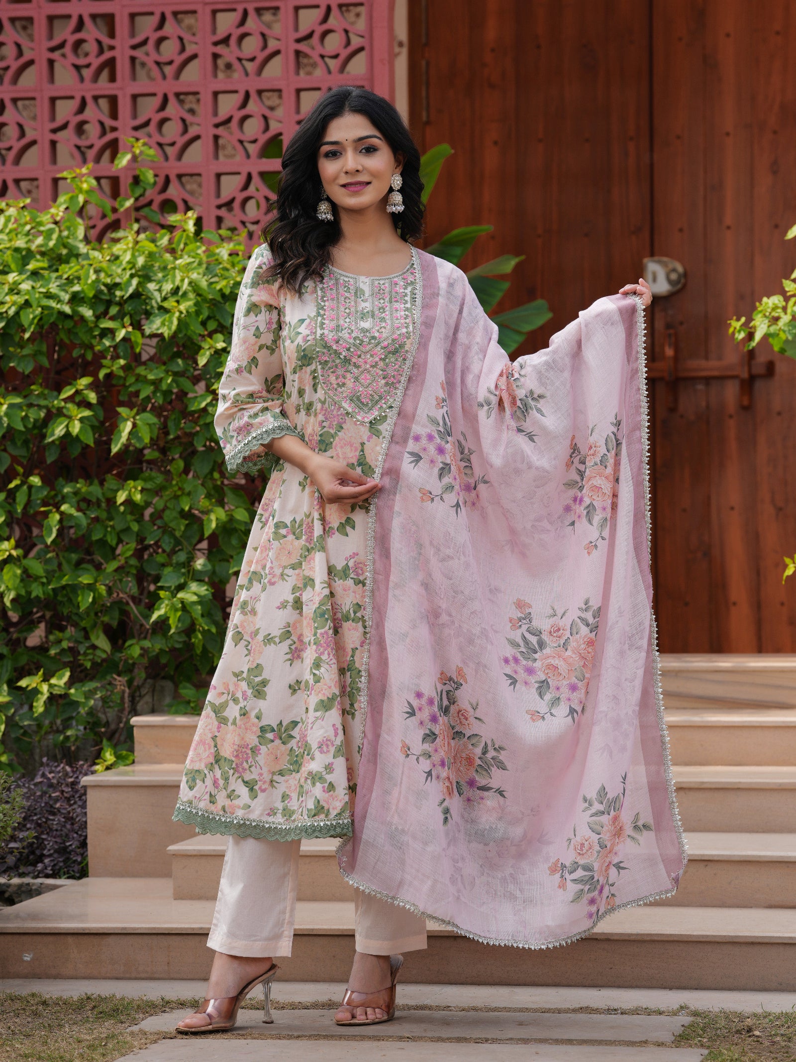 Maluka Women Teal Green Cotton Floral Printed Kurta Pant Dupatta Set