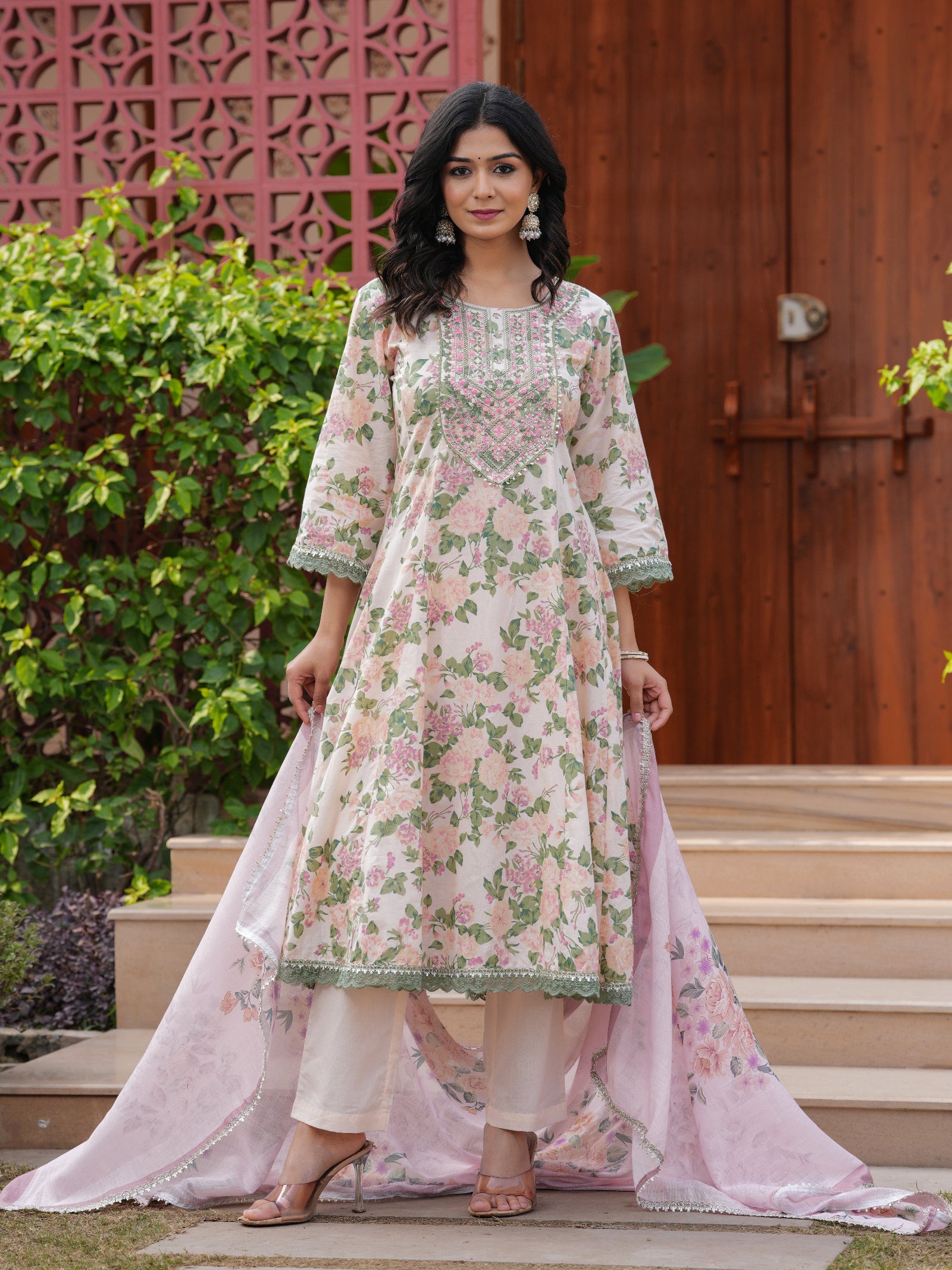 Maluka Women Teal Green Cotton Floral Printed Kurta Pant Dupatta Set