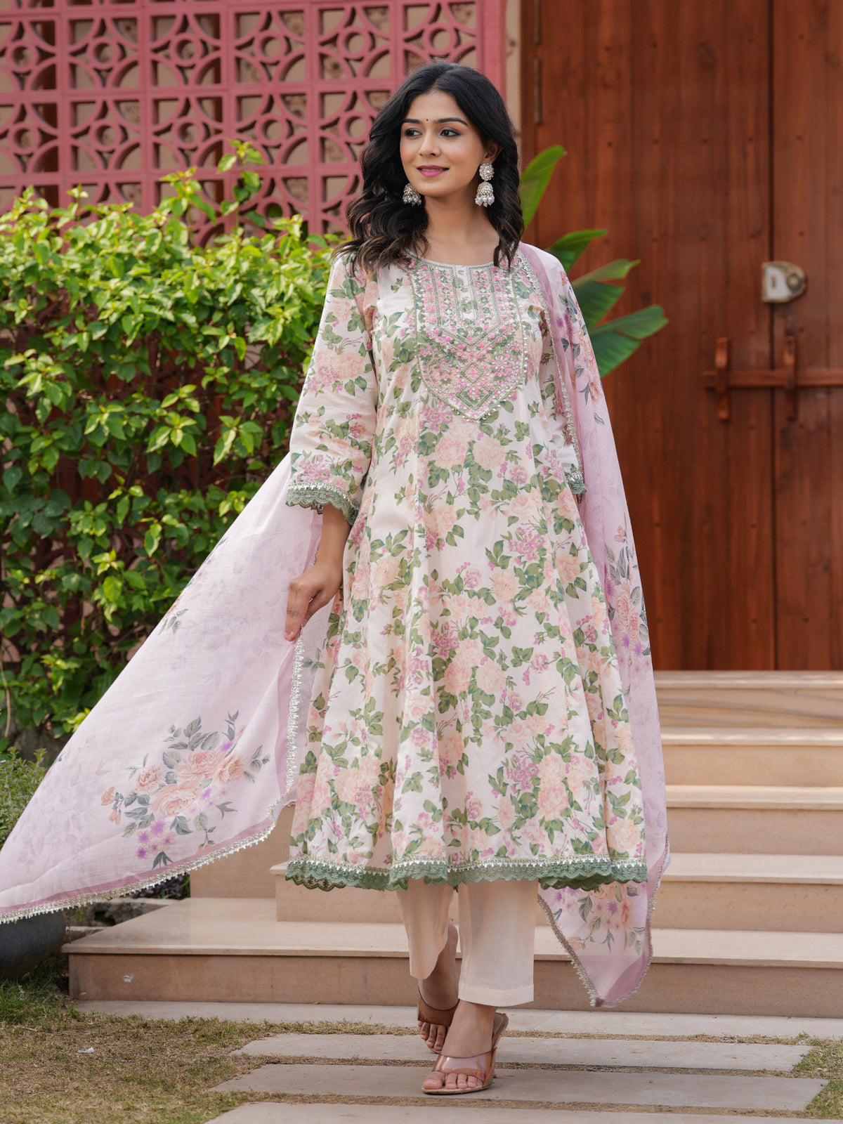 Maluka Women Teal Green Cotton Floral Printed Kurta Pant Dupatta Set