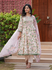 Maluka Women Teal Green Cotton Floral Printed Kurta Pant Dupatta Set