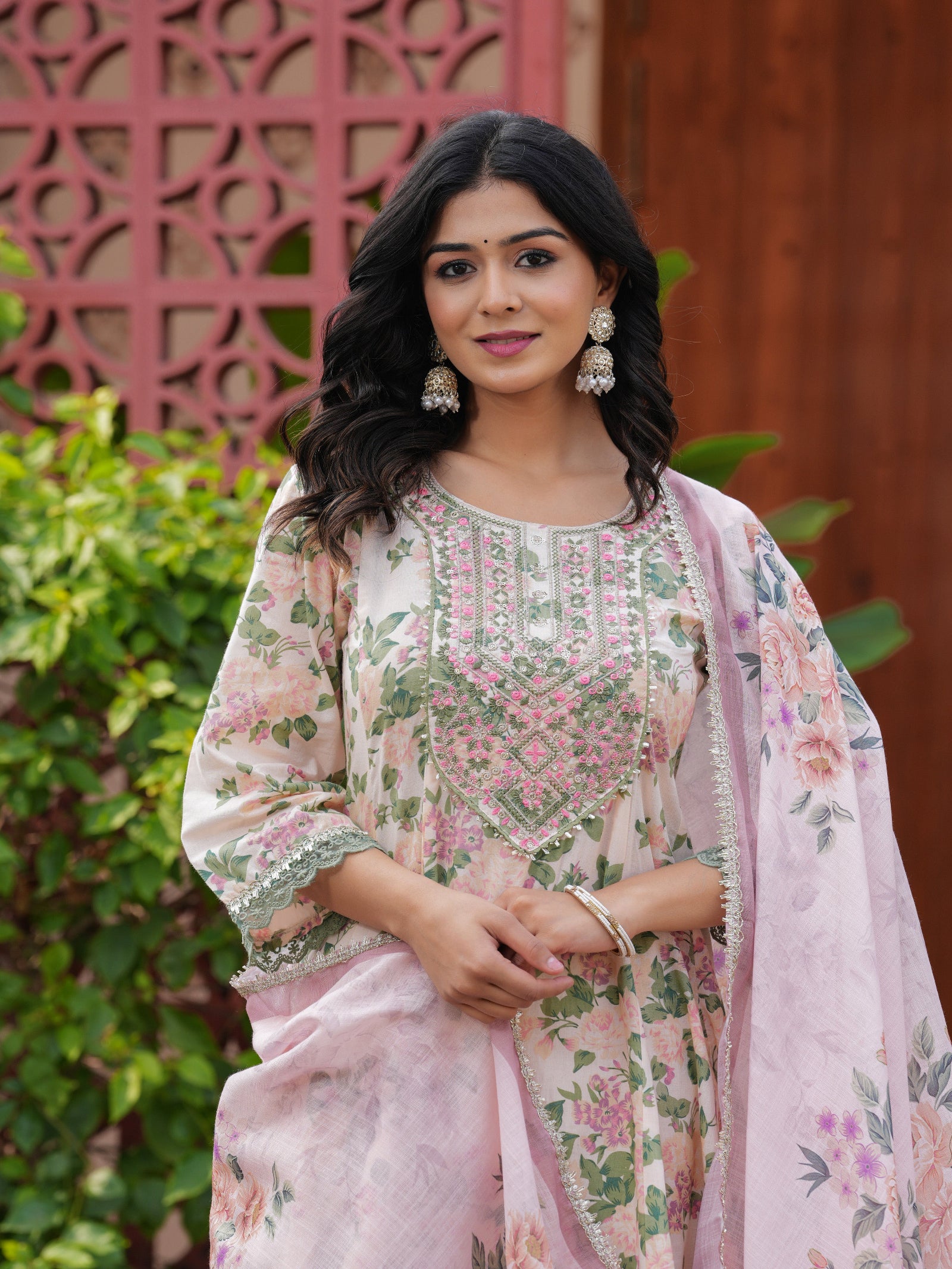 Maluka Women Teal Green Cotton Floral Printed Kurta Pant Dupatta Set