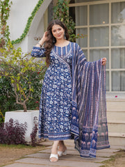 Maluka Women Blue Cotton Floral Printed Kurta Pant Dupatta Set