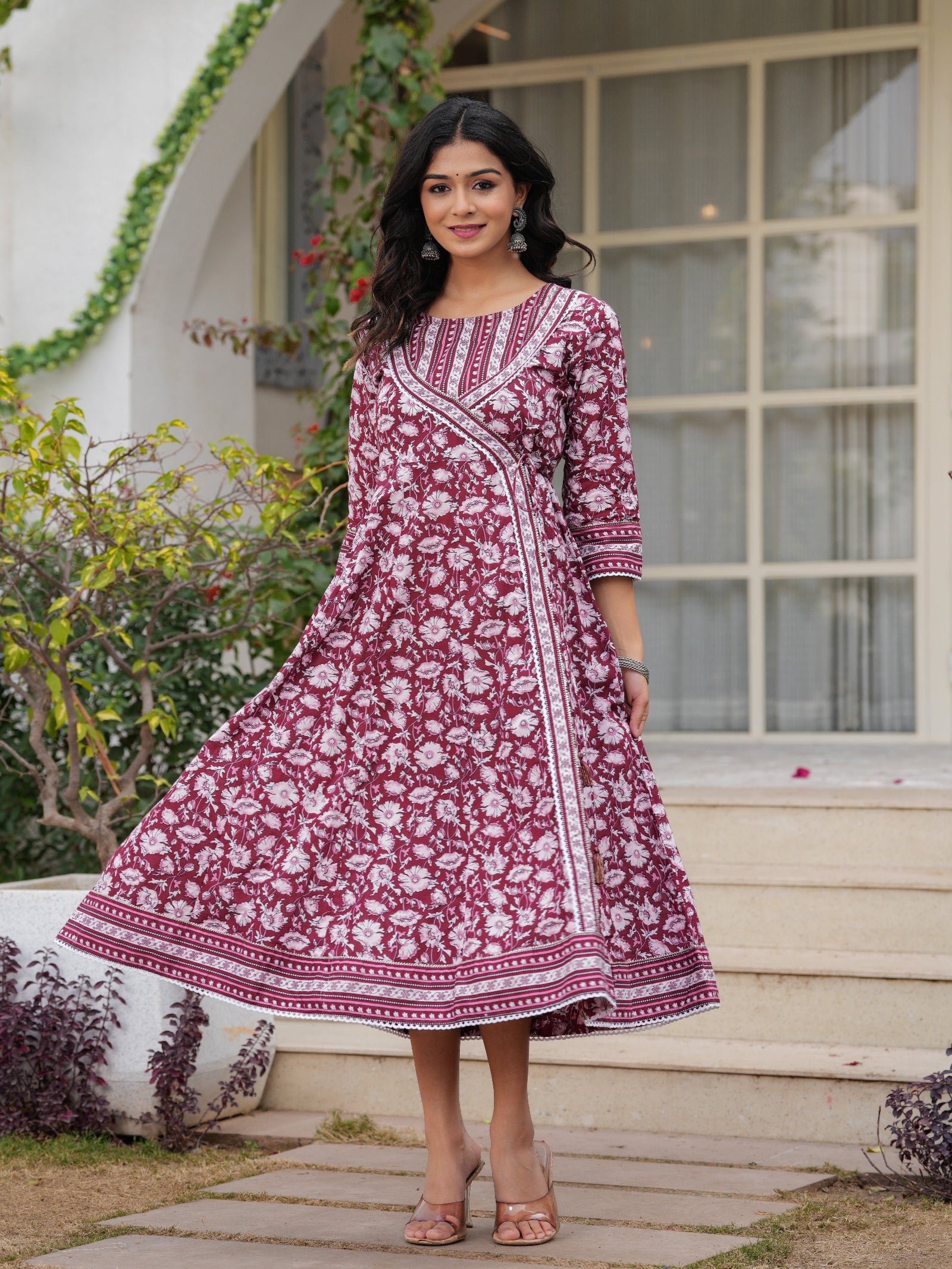 Maluka Women Maroon Cotton Floral Printed Kurta Pant Dupatta Set