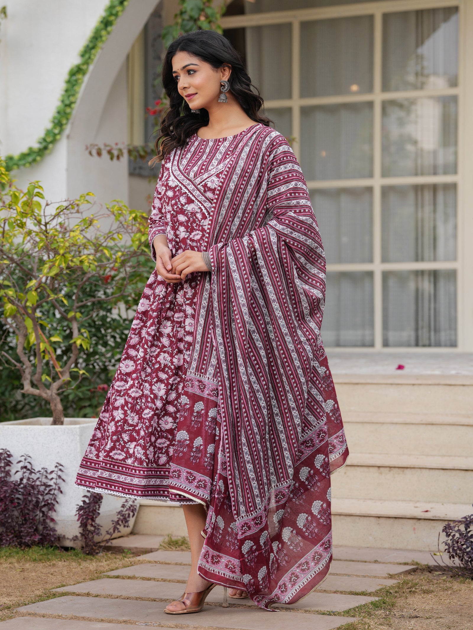 Maluka Women Maroon Cotton Floral Printed Kurta Pant Dupatta Set